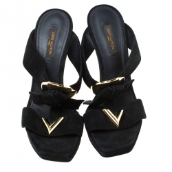 Pre Owned صدل لوي فيتون سويدي أسود كعب روكي نعل سميك مقاس 37