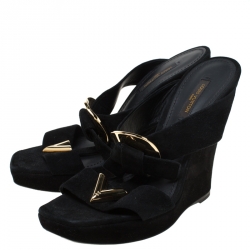 Pre Owned صدل لوي فيتون سويدي أسود كعب روكي نعل سميك مقاس 37