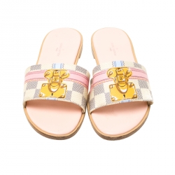 Pre Owned Louis Vuitton Damier Azur Canvas Lock It Flat Slides Size 36