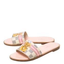Pre Owned Louis Vuitton Damier Azur Canvas Lock It Flat Slides Size 36