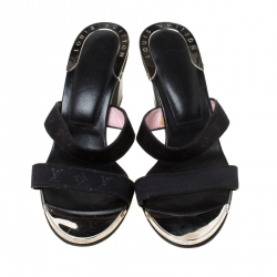 مملوكة مسبقًا Louis Vuitton Black Monogram Canvas Slide Block Heel Sandals Size 36.5