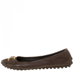 مملوكة مسبقًا Louis Vuitton Brown Textured Leather Oxford Ballet Flats Size 36.5