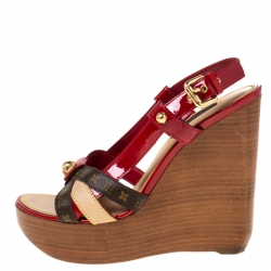 Pre Owned Louis Vuitton Red/Brown Cross Strap Monogram Canvas and Patent Leather Platform Wedge Sandals Size 36.5