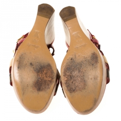 Pre Owned Louis Vuitton Red/Brown Cross Strap Monogram Canvas and Patent Leather Platform Wedge Sandals Size 36.5