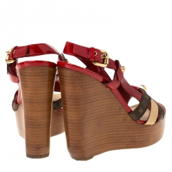 Pre Owned Louis Vuitton Red/Brown Cross Strap Monogram Canvas and Patent Leather Platform Wedge Sandals Size 36.5