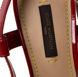 Pre Owned Louis Vuitton Red/Brown Cross Strap Monogram Canvas and Patent Leather Platform Wedge Sandals Size 36.5