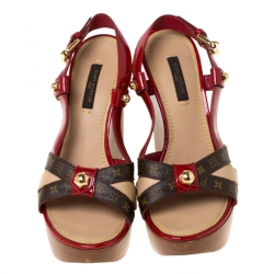 Pre Owned Louis Vuitton Red/Brown Cross Strap Monogram Canvas and Patent Leather Platform Wedge Sandals Size 36.5