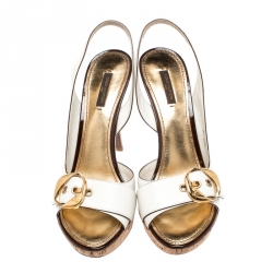 مملوكة مسبقًا Louis Vuitton White Leather Buckle Cork Platform Slingback Sandals Size 40 