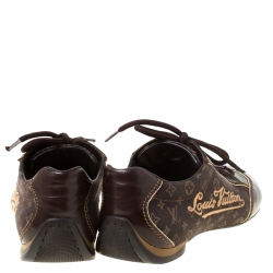 Pre Owned Louis Vuitton Brown Monogram Idylle and Leather Logo Lace Up Sneakers Size 38.5