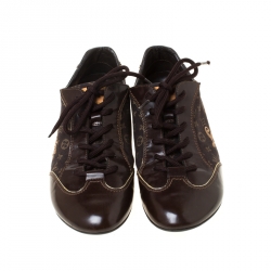 Pre Owned Louis Vuitton Brown Monogram Idylle and Leather Logo Lace Up Sneakers Size 38.5