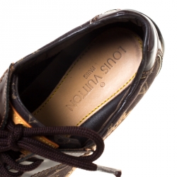 Pre Owned Louis Vuitton Brown Monogram Idylle and Leather Logo Lace Up Sneakers Size 38.5