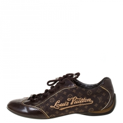 Pre Owned Louis Vuitton Brown Monogram Idylle and Leather Logo Lace Up Sneakers Size 38.5