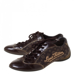 Pre Owned Louis Vuitton Brown Monogram Idylle and Leather Logo Lace Up Sneakers Size 38.5