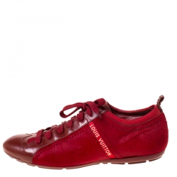 Louis Vuitton Red Calfhair and Leather Lace Up Low Top Sneakers Size 39