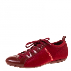 Louis Vuitton Red Calfhair and Leather Lace Up Low Top Sneakers Size 39