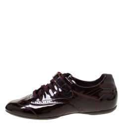 Pre Owned Louis Vuitton Dark Burgundy Patent Leather Brogue Velcro Strap Sneakers Size 36