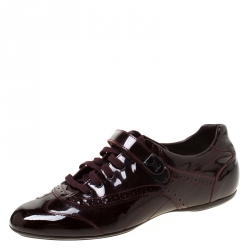 Pre Owned Louis Vuitton Dark Burgundy Patent Leather Brogue Velcro Strap Sneakers Size 36