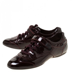 Pre Owned Louis Vuitton Dark Burgundy Patent Leather Brogue Velcro Strap Sneakers Size 36