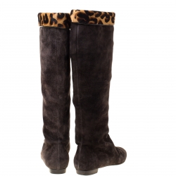 Pre Owned Louis Vuitton Dark Brown Suede and Leopard Print Trim Knee Length Boots Size 37