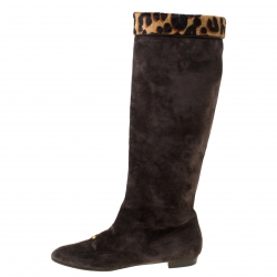 Pre Owned Louis Vuitton Dark Brown Suede and Leopard Print Trim Knee Length Boots Size 37