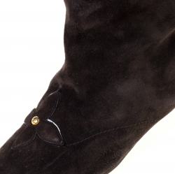 Pre Owned Louis Vuitton Dark Brown Suede and Leopard Print Trim Knee Length Boots Size 37