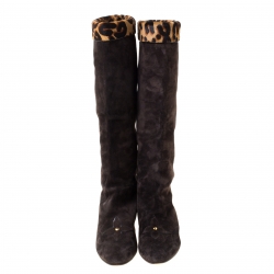 Pre Owned Louis Vuitton Dark Brown Suede and Leopard Print Trim Knee Length Boots Size 37
