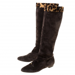 Pre Owned Louis Vuitton Dark Brown Suede and Leopard Print Trim Knee Length Boots Size 37