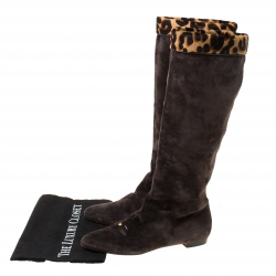Pre Owned Louis Vuitton Dark Brown Suede and Leopard Print Trim Knee Length Boots Size 37