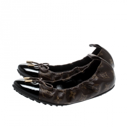 Pre Owned Louis Vuitton Brown/Black Monogram Cap Toe Flirty Ballerina Flats Size 37