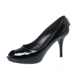 Pre Owned حذاء كعب عالي لوي فيتون أو ريلي! جلد أسود لامع مقدمة مفتوحة مقاس 38.5