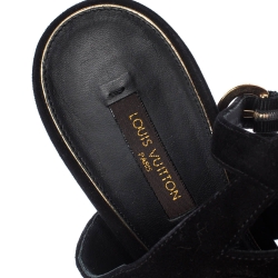 Pre Owned Louis Vuitton Black Cut Out Suede Crystal Embellished Ankle Strap Sandals Size 39