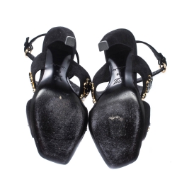 Pre Owned Louis Vuitton Black Cut Out Suede Crystal Embellished Ankle Strap Sandals Size 39