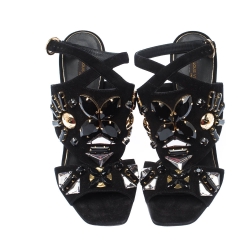 Pre Owned Louis Vuitton Black Cut Out Suede Crystal Embellished Ankle Strap Sandals Size 39