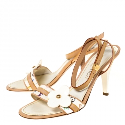 Pre Owned Louis Vuitton Beige Flower Monogram Multicolore Open Toe Ankle Strap Sandals Size 38.5