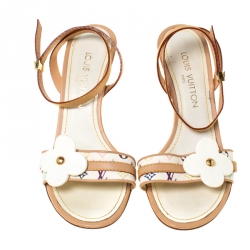 Pre Owned Louis Vuitton Beige Flower Monogram Multicolore Open Toe Ankle Strap Sandals Size 38.5