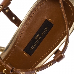 Pre Owned Louis Vuitton Brown Leather Fleur Strappy Wedge Sandals Size 38