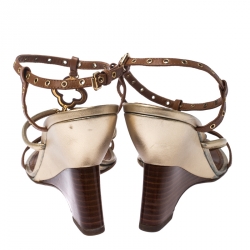 Pre Owned Louis Vuitton Brown Leather Fleur Strappy Wedge Sandals Size 38