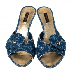 Pre Owned Louis Vuitton Blue Monogram Denim Freesia Slide Sandals Size 38