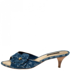Pre Owned Louis Vuitton Blue Monogram Denim Freesia Slide Sandals Size 38