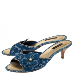 Pre Owned Louis Vuitton Blue Monogram Denim Freesia Slide Sandals Size 38