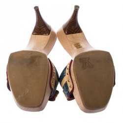 Pre Owned Louis Vuitton Blue Monogram Canavs And Beige Leather Grenadine Bow Sandals Size 38.5