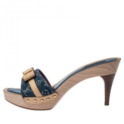 Pre Owned Louis Vuitton Blue Monogram Canavs And Beige Leather Grenadine Bow Sandals Size 38.5