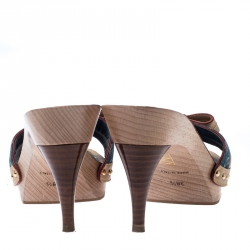 Pre Owned Louis Vuitton Blue Monogram Canavs And Beige Leather Grenadine Bow Sandals Size 38.5