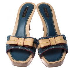 Pre Owned Louis Vuitton Blue Monogram Canavs And Beige Leather Grenadine Bow Sandals Size 38.5