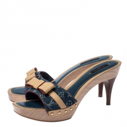 Pre Owned Louis Vuitton Blue Monogram Canavs And Beige Leather Grenadine Bow Sandals Size 38.5