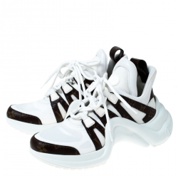 Louis Vuitton White/Brown Leather And Monogram Canvas Archlight Lace Up Sneakers Size 38