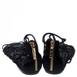 Louis Vuitton Black Leather/Satin Crystal Embellished Cut Out Flat Sandals Size 40