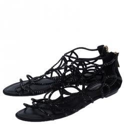 Louis Vuitton Black Leather/Satin Crystal Embellished Cut Out Flat Sandals Size 40
