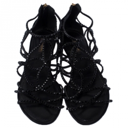 Louis Vuitton Black Leather/Satin Crystal Embellished Cut Out Flat Sandals Size 40