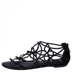 Louis Vuitton Black Leather/Satin Crystal Embellished Cut Out Flat Sandals Size 40